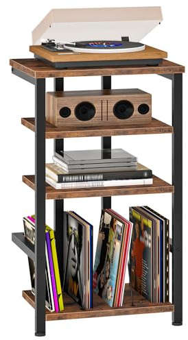 HOOBRO HiFi-Rack mit 4 Ablagen, HiFi-Regal, Plattenspieler-Regal, Schallplattenaufbewahrung, HiFi-Ständer, Plattenspielerständer, für Wohnzimmer, Schlafzimmer, Schwarz und Vintagebraun EBF42CJ01