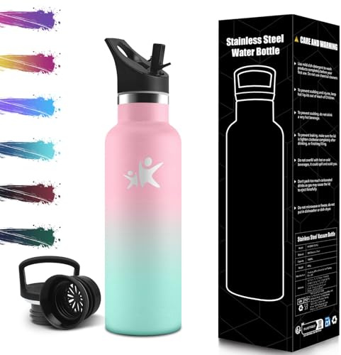 Mulbijeo Borraccia Termica Bambini 500 ML, Senza BPA, Bottiglia Termica, 18/8 Acciaio Inox, Borracce, Sottovuoto a Doppia Parete, BorraccIe Termiche con Cannuccia, Termos per Scuola, Sport