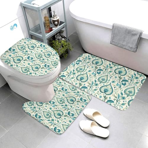 Nevjipu Set di 3 tappeti da bagno con motivo turchese, assorbente, antiscivolo, lavabile, copriwater a forma di U, tappetino per contorno WC, tappetino per doccia, tappetino da bagno per WC e vasca da