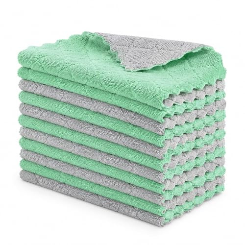 12 Pack Dish Cloths for Washing Up, Absorbent Coral Fleece Kitchen Cloth CleaningCloths,Green & Grey Waffle Weave Double-Sided Microfibre Cloths for Kitchen Cleaning, Absorbent Reusable Dish Towels