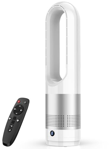 Rotorloser Ventilator mit Fernbedienung, 80° Oszillation Standventilator mit 8H Timer, Leiser Turmventilator, Berührungssteuerung Luftkühler, Sicherer Blattloser Ventilator für Schlafzimmer (Silber)
