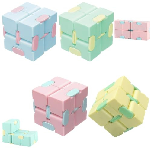 4 Infinity Cube Fidget Tools, Colours Yellow Green Pink Blue | Office Desk Stress Management, Focus Aid, Hand Joint Rehabilitation, Creative Shape Exploration