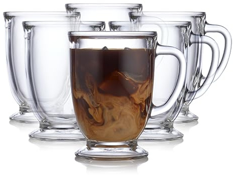Libbey Kona Glass Coffee Mugs Set of 6, Elegant 16 Ounce Clear Tea Cup Set , Dishwasher Safe Glass Mugs with Handles for Tea, Coffee,and Espresso
