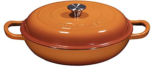 Bruntmor Horno holandés de hierro fundido Pumpkin Spice, sartén esmaltada poco profunda con asas y tapa, 3.8 cuartos de galón