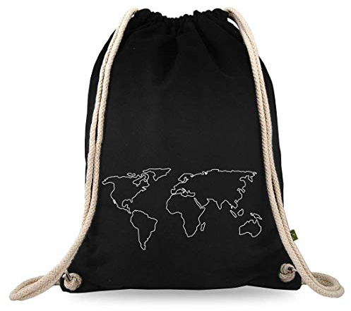 Turnbeutelliebe® Turnbeutel mit Spruch - Weltentdecker - Verschiedene Motive - Baumwolle schwarz - Sportbeutel - Rucksack - ca. 12 Liter - 37 x 46 cm (Weltkarte Kontur Umrisse)