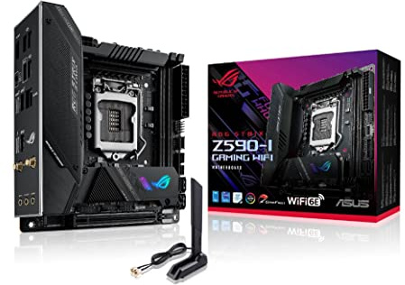 ROG Strix Z590-I Gaming Intel Z590 LGA1200 ITX motherboard, PCIe 4, 8+2 teamed power stages, AI 2.0 Features, WiFi 6E AX, Intel 2.5 Gb LAN, x2 M.2, Thunderbolt 4, USB3.2 Gen 2x2 USB Type-C, Aura Sync