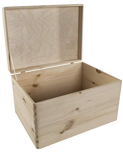 WooDeeDoo Large Deep Wooden Storage Chest – Unfinished Natural Box with Hinged Lid for Toys Tools Keepsakes Crafts Home or Office Organisation – Rustic DIY Ready – 39.5 x 29.5 x 23 cm