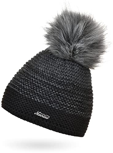 Neverless® Damen Mütze gefüttert Fleece-Innenfutter Fell-Bommel Kunstfell Wintermütze Bommelmütze Grobstrick Mehrfarbig schwarz-dunkelgrau Unisize