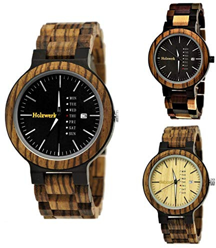 Holzwerk Germany Handgefertigte Matrix Herren Uhr Öko Natur Holzuhr Holz Armband Braun Schwarz Zebra Muster Analog Uhr Datum und Wochentag Anzeige Herrenuhr