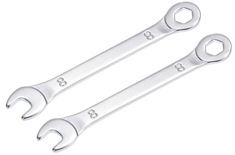 sourcing map Llave combinada delgada con extremo descentrado de 6 puntas y extremo abierto en ángulo, acero de alto carbono cromado espejo métrico, 8 mm, 2 piezas