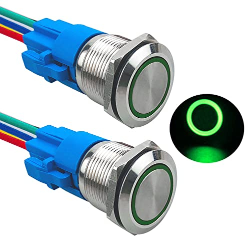Aiqeer 2 Pièces 19 mm Commutateur Bouton-Poussoir Momentané, 12V / 24V 5A Interrupteur à Bouton-Poussoir en Acier Inoxydable Étanche IP67, avec Prise Pré-Câblée (LED Vert)