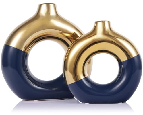 Vaso da Fiori per Decorazione Domestica - Set di 2 Vasi in Ceramica Oro e Blu Marina, Vaso Donut per Decorazione Blu, Vaso Decorativo Moderno Boho, Vaso Rotondo Cavo per Erba Pampa, per Tavolo da