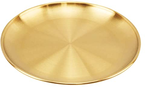 Vusddy Bandeja redonda dorada – Bandeja dorada de acero inoxidable – Plato decorativo de metal para velas, joyas, maquillaje, juego de té, jarrones, mesa de entrada decorativa (20 cm)