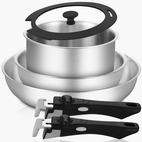 Inqibee Pfannenset mit Abnehmbarem Griff, Edelstahl Topfset für Induktion mit Deckel, 16+22+28cm Kochtopf Set aus Edelstahl, Stapelbarer Kochtopf & Bratpfanne, Backofenfest & Spülmaschinenfest