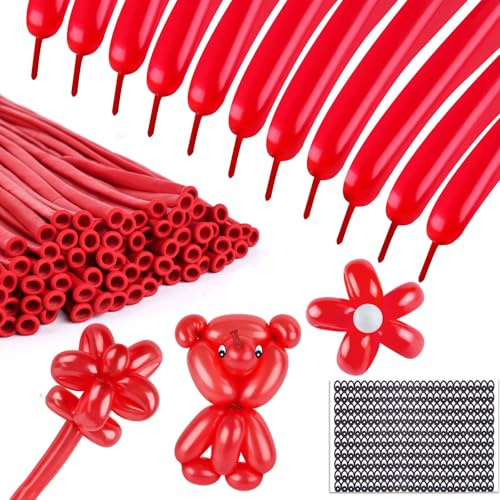 LovesTown Red 260 Balloons for Twisting Balloons Animal, 100 PCS Red Latex Long Skinny Balloon with Eye Stickers for Birthday Wedding Beginners Making Kid's Carnivals Party Decorations