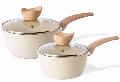 Nuovva Set de Casseroles à Induction avec Couvercle – Casserole Antiadhésive pour Induction – Set de 2 Casseroles en Granit Crème – 16 cm, 18 cm – Par Nuovva.