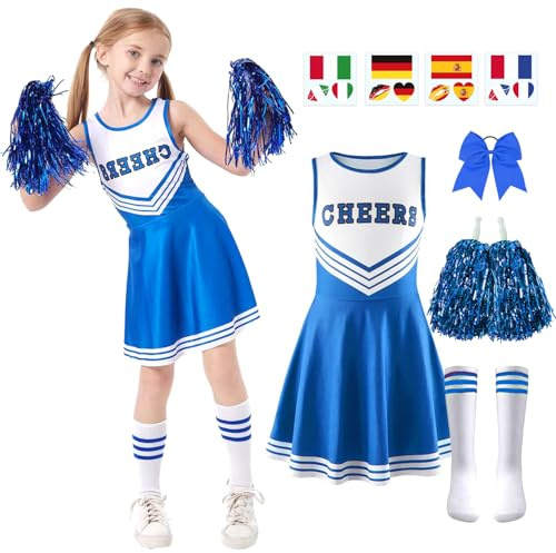 Juego de 5 disfraz de animadora para niños, vestido uniforme de animadora, atuendo de animadora para niña con pompones, calcetines, pegatinas de tatuaje y tocado, para fiestas de carnaval (azul, M,