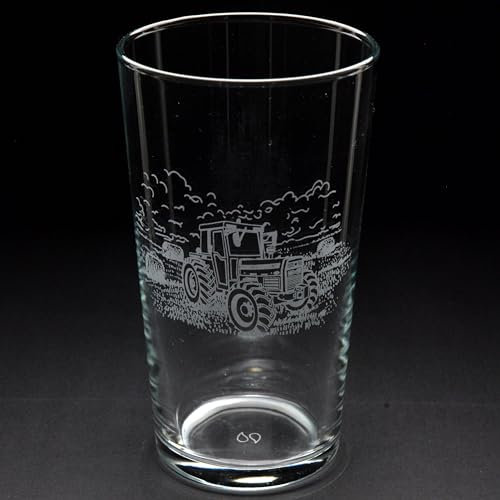 GLYPTIC GLASS ART 'Modern Tractor' Hand Etched/Engraved Pint Glass