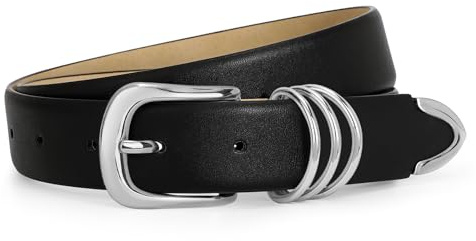 WERFORU Women's Leather Belt with Silver Buckle Ladies Fashion Faux Leather Waist Belt for Jeans Pants Dresses Black