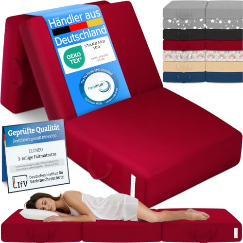 ELONEO Klappmatratze, Gästematratze, 3-teilige Faltmatratze, Schaumstoff extra dick (15cm), waschbar, Bandscheibenwürfel, klappbar, Faltbare Matratze, Erwachsene (Rot, 90 x 200 x 15 cm)