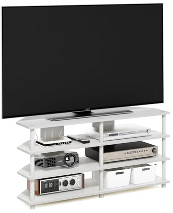Furinno Econ leicht montierbarer 4-stufiger Eck-TV-Ständer für Fernseher bis 55 Zoll, Weiß/Weiß