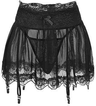 MIZSPISE Women Sexy Suspender Mini Skirt with Panties Sheer Mesh Lace-up Mini Dress Lingerie Underwear Garter Belt (black, one size)