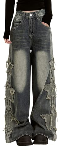 Lafaguw Baggy jeans för kvinnor flickor stjärna lappverk hög midja söt jeans streetwear lösa byxor grunge emo kläder, BLÅ, M