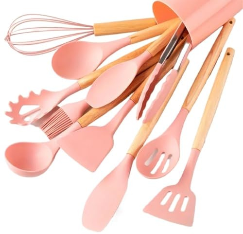 Juego de 12 utensilios de cocina de silicona con mango de madera, olla antiadherente colorida, juego de herramientas especiales de cocina, resistentes al calor (12 piezas rosadas)