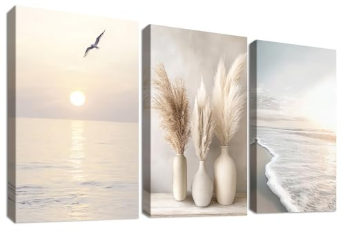 3Pcs Stampa su tela Con Cornice Spiaggia Costiera Onda Marina Pittura Boho Erba di Pampa Oceano Tramonto Quadri su tela Quadri Moderni Quadretti da Parete Camera da Letto Soggiorno 30x40cm x3pcs