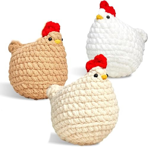 Crochet Kit for Beginners, Crochet Starter Kits for Adults Craft Knitting Crochet Animals Kits with Step-by-Step Video Tutorials, 3 Pcs Chicken (40%+ Yarn)