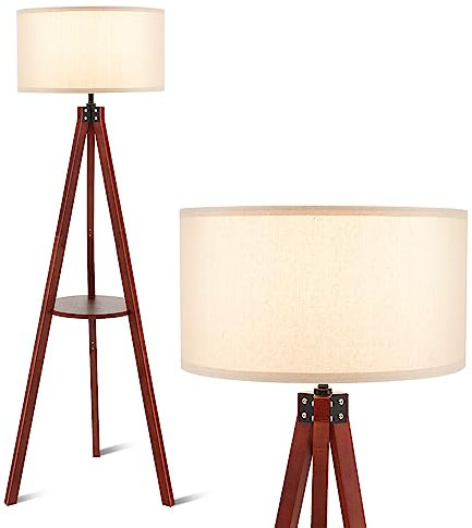 Lampadaire trépied en bois avec étagères, abat-jour rond en tissu et douille E27 – Lampe de lecture d'angle élégante pour chambre à coucher, salon et bureau