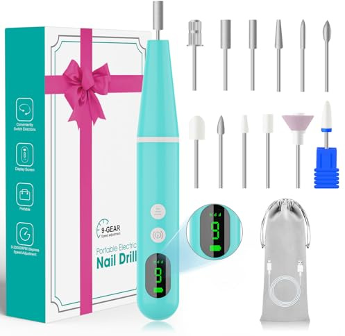 Cordless Nail Drill, Super Lightweight Electric Nail File, Low Noise Electric Nail Drill with 9 Speed & LCD Display, Toenail Grinder for Thick Nail Toenail Cuticle Human Women Baby Pets