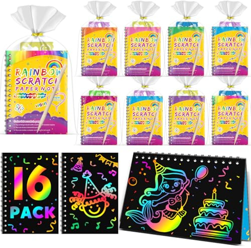 Party Bag Fillers for Kids - Scratch Art Rainbow Magic Paper Set, Arts & Crafts Travel Activity, Birthday Gifts for Kids Aged 4-9, Classroom Rewards for Boys and Girls (Y-16 Pack) | Rainbow Scratch Art, Arts and Crafts, Class Gifts, Birthday Return Gifts for Boys Girls Age 4-9