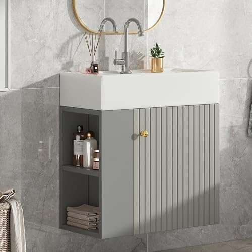 boorbin Mueble de baño con armario bajo lavabo de 55 cm, mueble para lavabo colgante, pequeño mueble de baño para invitados (gris y blanco)