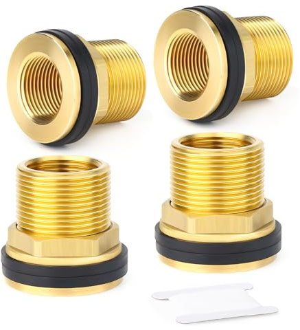 ERGAOBOY 4 Piezas de Conector de Tanque de Agua de latón para mamparo, 1/2 BSP Macho - 3/8 BSP Hembra, con 2 Anillos de Goma para barriles de Lluvia, acuarios y cubetas