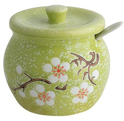 Zuccheriera con coperchio e cucchiaio, 400 ml, motivo floreale, per bar, zuccheriera in ceramica