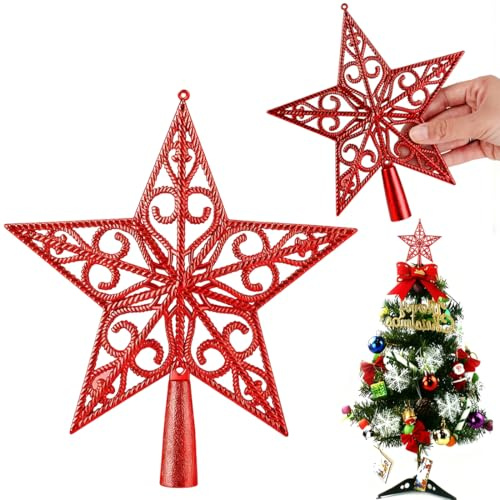 Étoile Sapin de Noël 20cm Rouge Scintillant | Finition Laser Anti-Paillettes, Design 3D Creux & Léger | Le Cimier de Sapin de Noël Parfait pour Une Ambiance Festive Magique