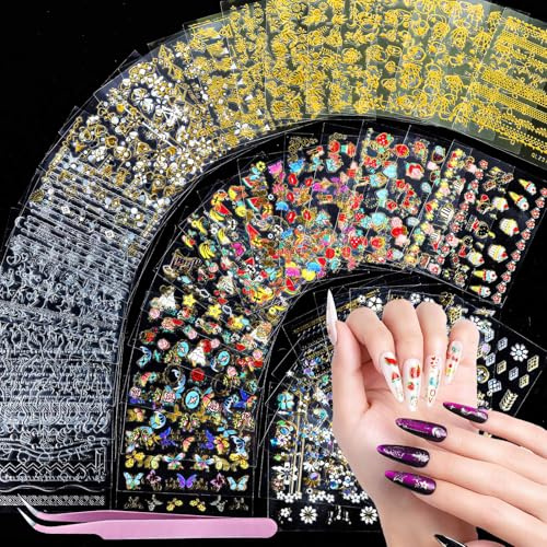 Teenitor 50 Sheets Nail Stickers for Kids, Cute Nail Decals for Girls Women, 3D Self Adhesive Gold Nail Stickers for Nail Art, Star Fruit Butterfly Silver Nail Art Deals for Holiday