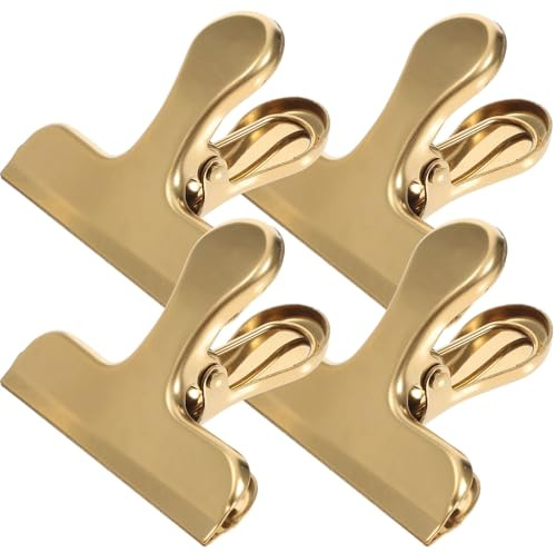 PERSELOSO Lot de 4 Pinces Clips en Acier Inoxydable Or pour Sachets Alimentaires, Clips de Fermeture Pratiques et Étanches pour Conserver Snacks et Aliments Frais