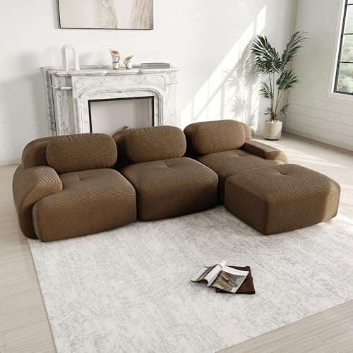 Bladez Modernes 3-Sitzer Cord Sofa Modulares L-förmiges Ecksofa mit Ottoman Hocker, Ohne Montage, Cloud Polstersofa Couchs kombinierbar, für Wohnzimmer (Braun, 3-Sitzer+1)