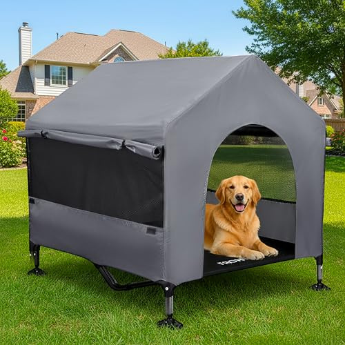 Pawmmo 42 Dog House Outdoor Indoor with Breathable Mesh Windows, 2-in-1 Outside Dog House Elevated Dog Bed Cot Dog Tent Shade Shelter, Easy to Assemble & Clean (42 INCH)