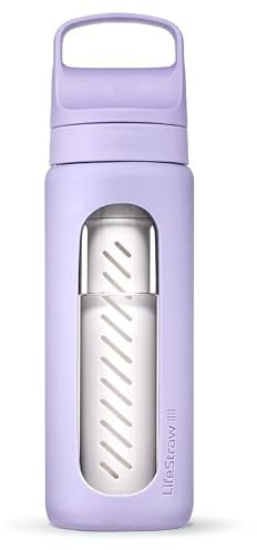LifeStraw Go Glass Water Filter Bottle with Sleeve, 20 oz, Provence Purple | Glass Water Filter Bottle Made from Hand-Blown Glass with Silicone Sleeve for Hydration at Home or On-the-Go, 20 oz