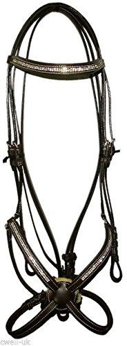 Cwell Equine Mexikanischer Zaumzeug mit Zügel, Leder, Kristallsteine, Schwarz/Braun