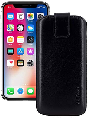 Suncase Etui Tasche kompatibel mit iPhone X | XS (5.8) | mit ZUSÄTZLICHER Hülle/Schale/Bumper *Lasche mit Rückzugfunktion* Ledertasche Schutzhülle Case Hülle in schwarz