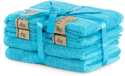 DecoKing Juego de 6 toallas de mano de algodón turquesa, 4 toallas de mano de 50 x 100 cm y 2 toallas de baño de 70 x 140 cm, toallas de ducha de bambú y viscosa, absorbentes, antibacterianas, bambú y