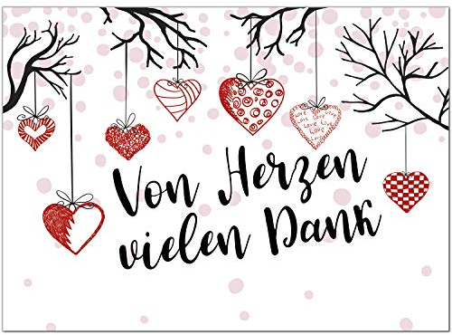 10 x Dankeskarten mit Umschlag - Hängende Herzen - Danksagungskarten, Danke sagen, nach Hochzeit, Geburt, Baby, Taufe, Geburtstag, Kommunion, Konfirmation, Jugendweihe