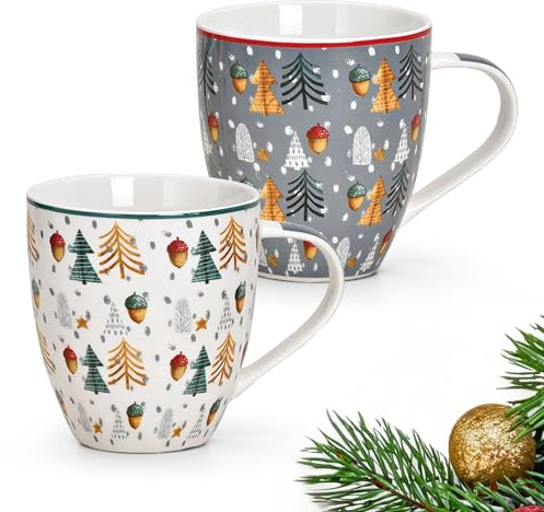 Jumbotassen 2er Set Xmas Tassen in weiß & grau - Moderne Porzellan Kaffeebecher als Weihnachtstassen in 400ml - Große Kaffeetassen für Weihnachten spülmaschinenfest und mikrowellengeeignet