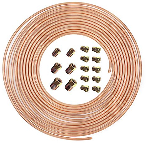 25 ft 3/16 Copper Coated Brake Line Kit Complete Replacement Brake or Fuel Tubing (Includes 16 Fittings), Easy to hand bend (.028) Wall Thickness, SAE Thread, Rust Proof