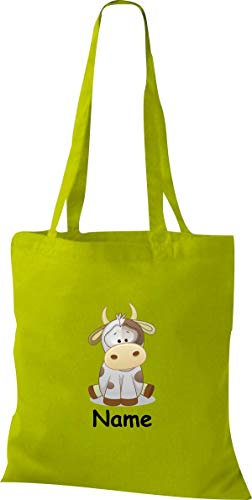 Shirtinstyle Stoffbeutel Tasche, Tiermotiv Kuh mit Wunschnamen, Natur Zoo Tiere Animal, Geschenk, Baumwolltasche, Logo, Spruch, Verwandschaft, Motiv, Farbe Kellygreen