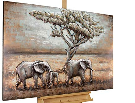 KunstLoft Metallbild 3D | 100% HANDGEFERTIGT | 120x80x5cm | Wandbild Metall Deko 'Elefanten in Afrika' | Afrika | Beige Braun | Metall Wanddeko Wohnzimmer